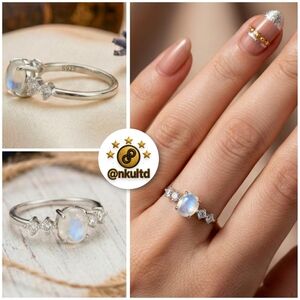 Moonstone Minimalist Ring S925 Sterling Silver Genuine Gemstone CZ Stones Sz 7